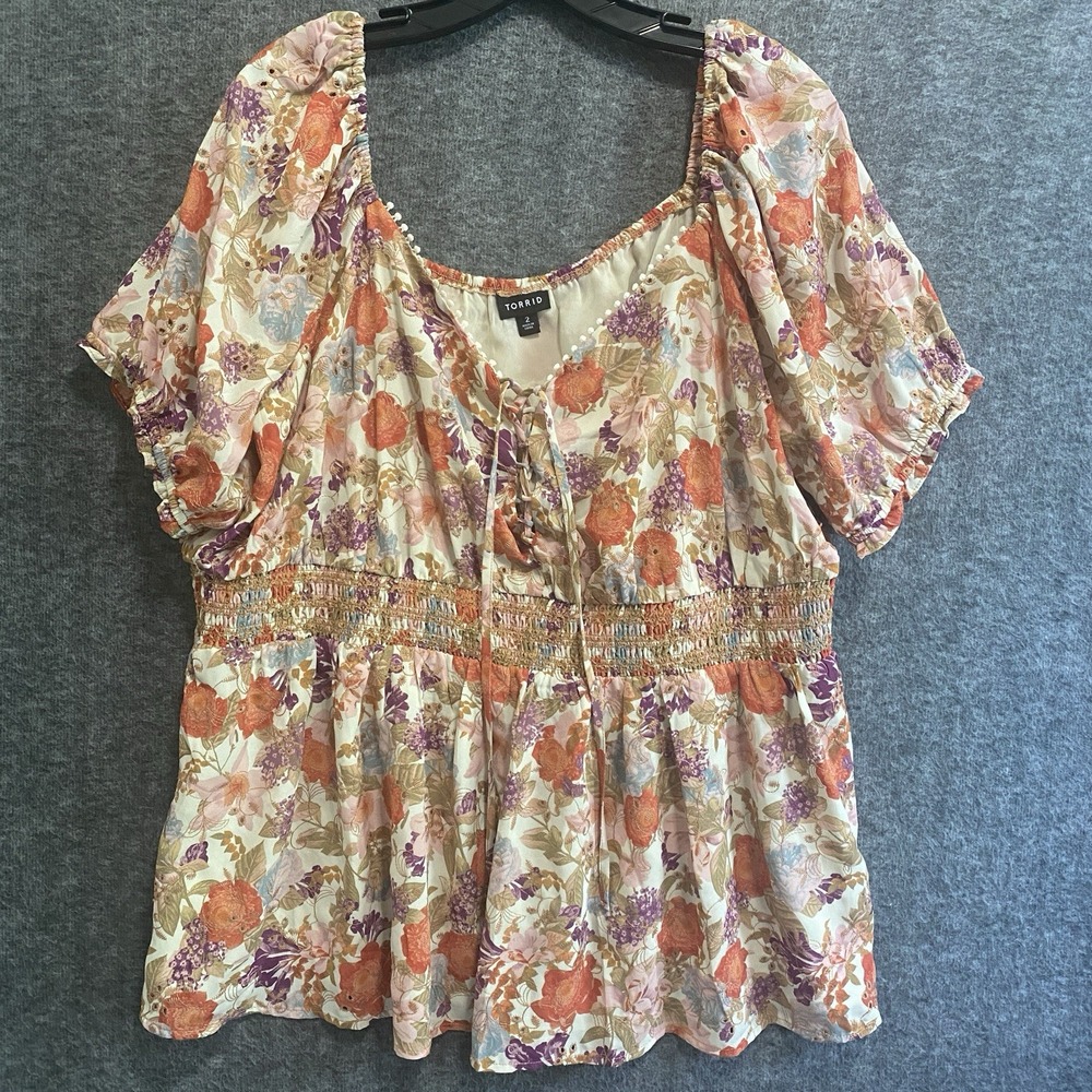 Torrid Babydoll Top Women 2 2X Floral Boho‎ Milkmaid Cottagecore Lace Up Smocked